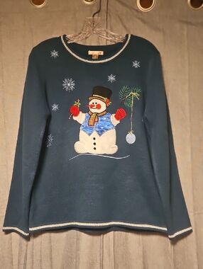 White Stag Teal Snowman Embroidered Holiday Sweater